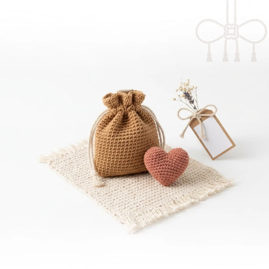 Detalle de agradecimiento con posavasos tejido a crochet, amigurumi de corazón y bolsita de empaque.