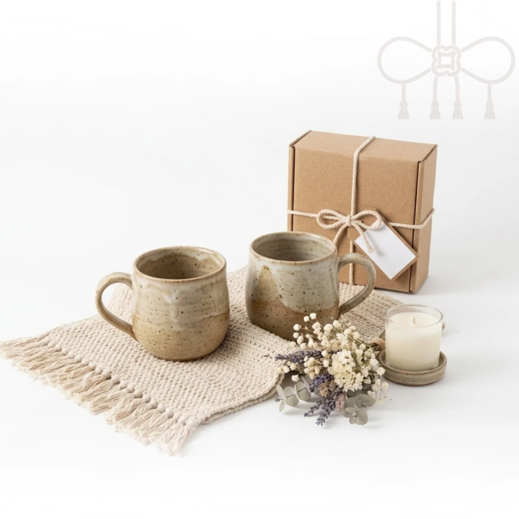 Regalo de matrimonio con par de pocillos artesanales de cerámica y vela en empaque de regalo.