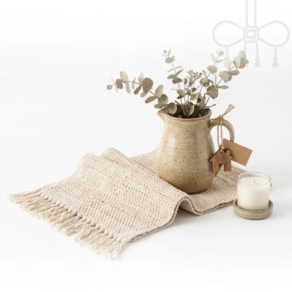 Regalo para nuevo hogar con camino de mesa tejido, jarra artesanal y vela decorativa.